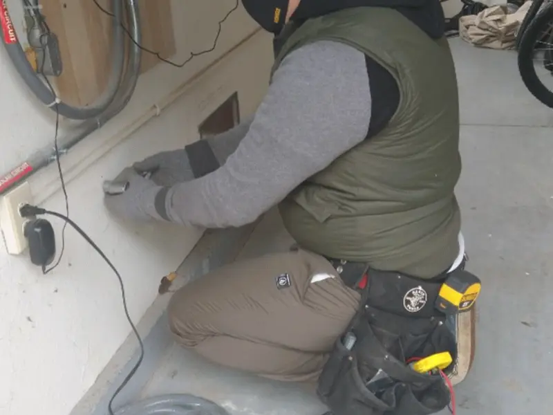 Electrician performing outlet wiring in a Whitestown garage